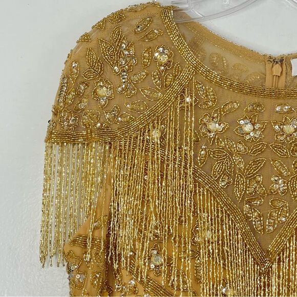 Mac Duggal 4715 Size 10 Embellished Fringe Cap Sleeve Trumpet Gown, Light Gold - Picture 9 of 16